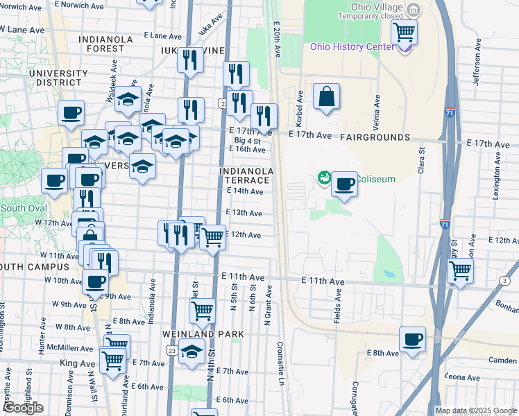 map of restaurants, bars, coffee shops, grocery stores, and more near 408 East 13th Avenue in Columbus