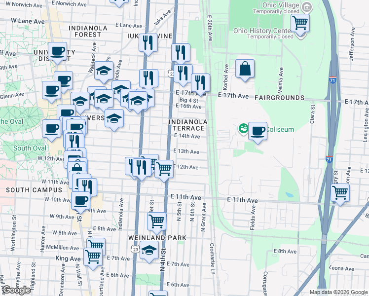 map of restaurants, bars, coffee shops, grocery stores, and more near 350 East 13th Avenue in Columbus