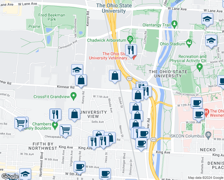 map of restaurants, bars, coffee shops, grocery stores, and more near 1846 Rhoda Avenue in Columbus