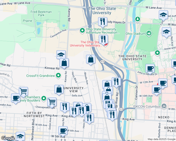 map of restaurants, bars, coffee shops, grocery stores, and more near 1846 Rhoda Avenue in Columbus