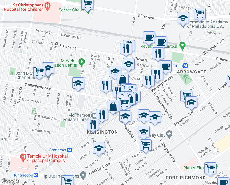 map of restaurants, bars, coffee shops, grocery stores, and more near 734 East Madison Street in Philadelphia