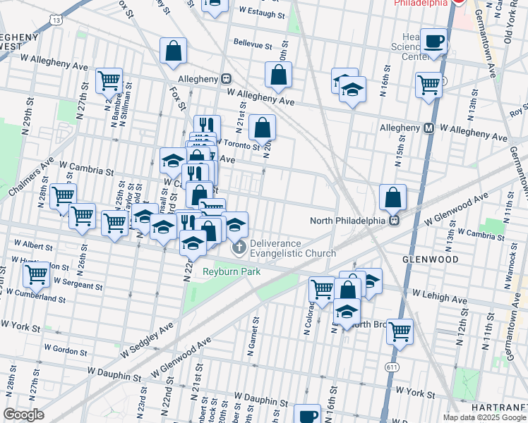 map of restaurants, bars, coffee shops, grocery stores, and more near 2840 North Opal Street in Philadelphia