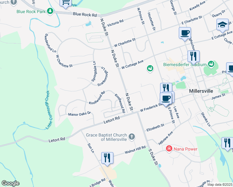 map of restaurants, bars, coffee shops, grocery stores, and more near 208 Knollwood Road in Millersville