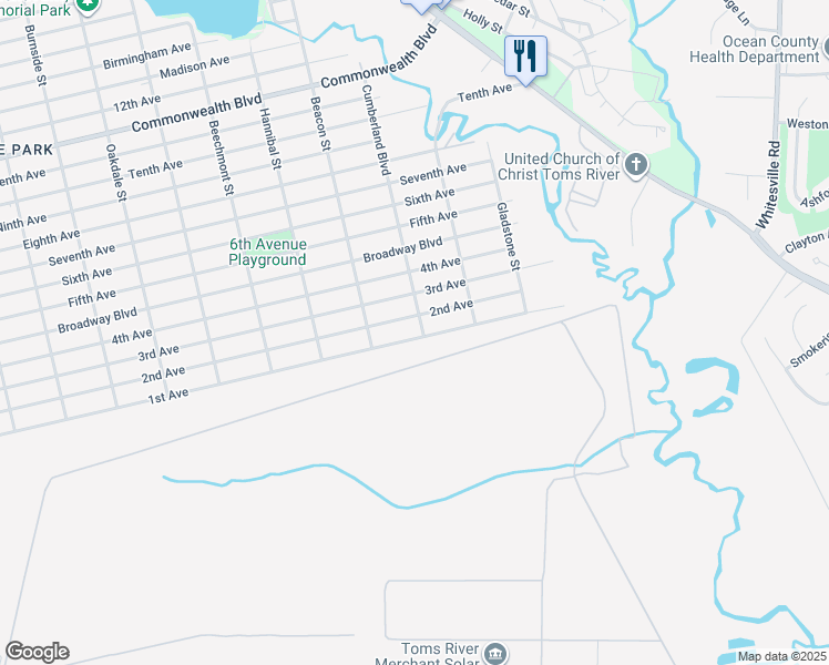 map of restaurants, bars, coffee shops, grocery stores, and more near 1941 1st Avenue in Toms River