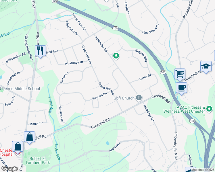 map of restaurants, bars, coffee shops, grocery stores, and more near 1325 Green Hill Avenue in West Chester