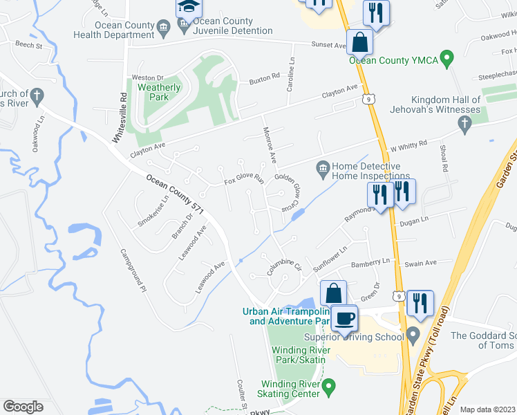 map of restaurants, bars, coffee shops, grocery stores, and more near 12 Tulip Place in Toms River