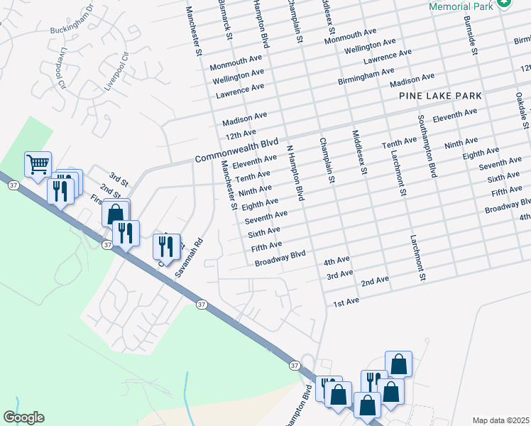 map of restaurants, bars, coffee shops, grocery stores, and more near 641 7th Avenue in Toms River