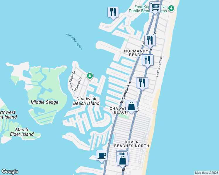 map of restaurants, bars, coffee shops, grocery stores, and more near 249 Silver Beach Road in Lavallette
