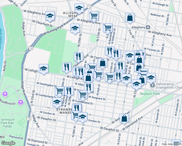map of restaurants, bars, coffee shops, grocery stores, and more near 2703 West Silver Street in Philadelphia
