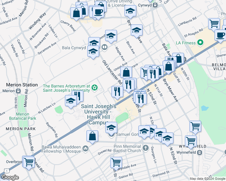map of restaurants, bars, coffee shops, grocery stores, and more near 221 Edgehill Road in Merion Station