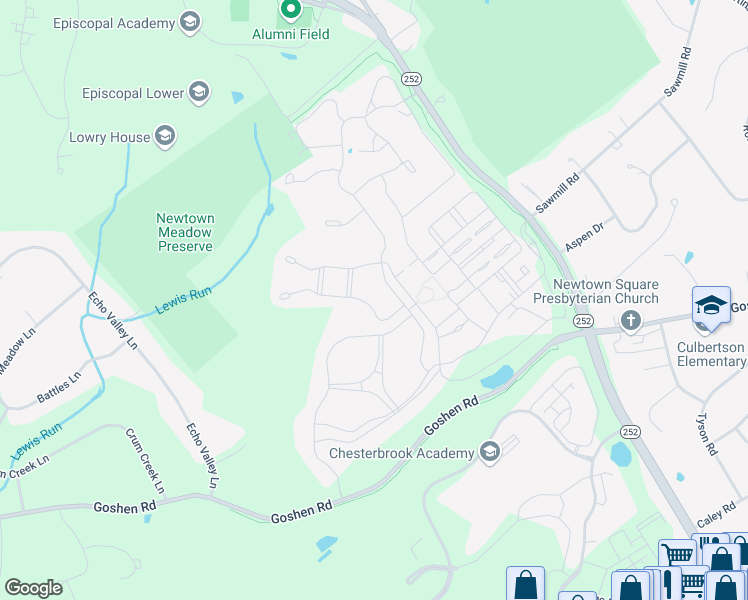 map of restaurants, bars, coffee shops, grocery stores, and more near 3905 Lewis Run Road in Newtown Square