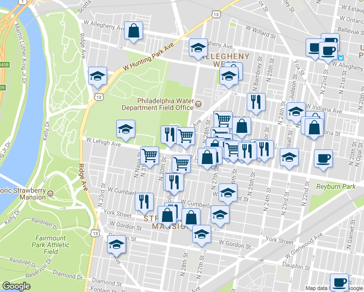 map of restaurants, bars, coffee shops, grocery stores, and more near 2720 North 29th Street in Philadelphia
