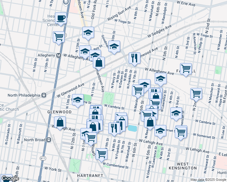 map of restaurants, bars, coffee shops, grocery stores, and more near 909 West Indiana Avenue in Philadelphia