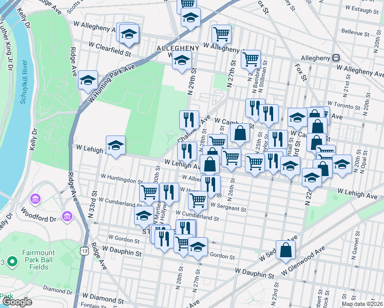 map of restaurants, bars, coffee shops, grocery stores, and more near 2726 North 28th Street in Philadelphia