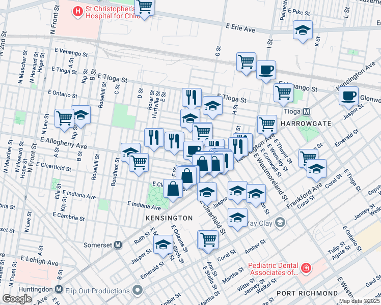 map of restaurants, bars, coffee shops, grocery stores, and more near 734 East Madison Street in Philadelphia
