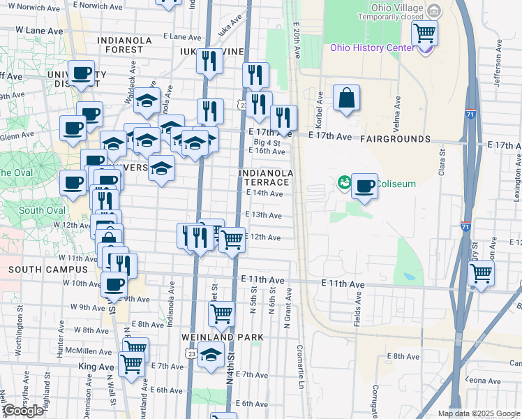 map of restaurants, bars, coffee shops, grocery stores, and more near 350 East 13th Avenue in Columbus