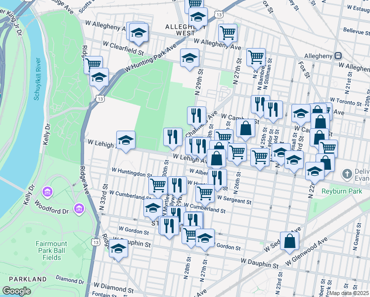 map of restaurants, bars, coffee shops, grocery stores, and more near 2720 North 29th Street in Philadelphia