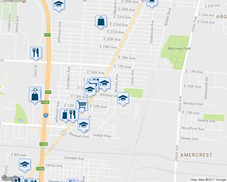 map of restaurants, bars, coffee shops, grocery stores, and more near 1551 Brooks Avenue in Columbus