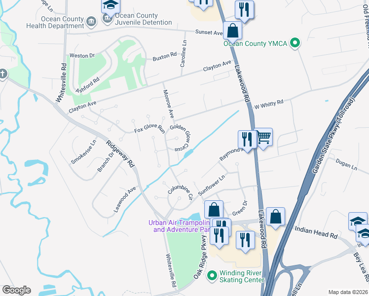 map of restaurants, bars, coffee shops, grocery stores, and more near 37 Golden Glow Circus in Toms River