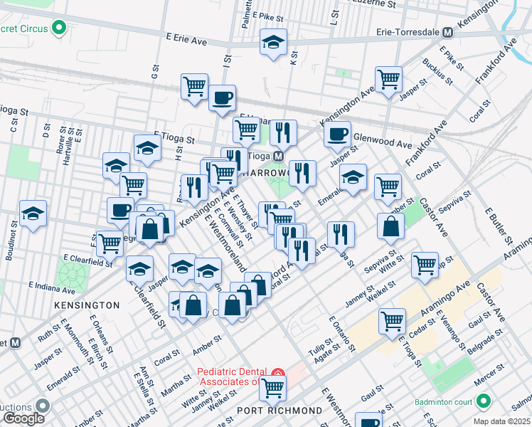 map of restaurants, bars, coffee shops, grocery stores, and more near 1903 East Ontario Street in Philadelphia