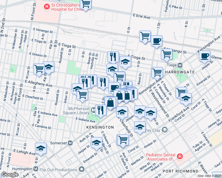 map of restaurants, bars, coffee shops, grocery stores, and more near 726 East Madison Street in Philadelphia
