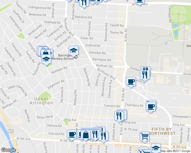 map of restaurants, bars, coffee shops, grocery stores, and more near 1981 Glenn Avenue in Columbus