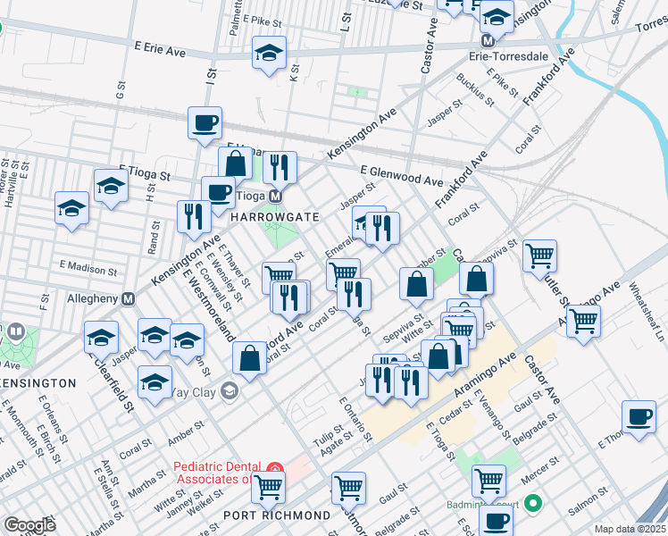 map of restaurants, bars, coffee shops, grocery stores, and more near 3509 Braddock Street in Philadelphia