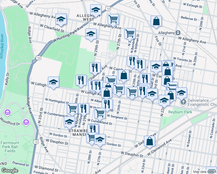 map of restaurants, bars, coffee shops, grocery stores, and more near 2711 West Silver Street in Philadelphia
