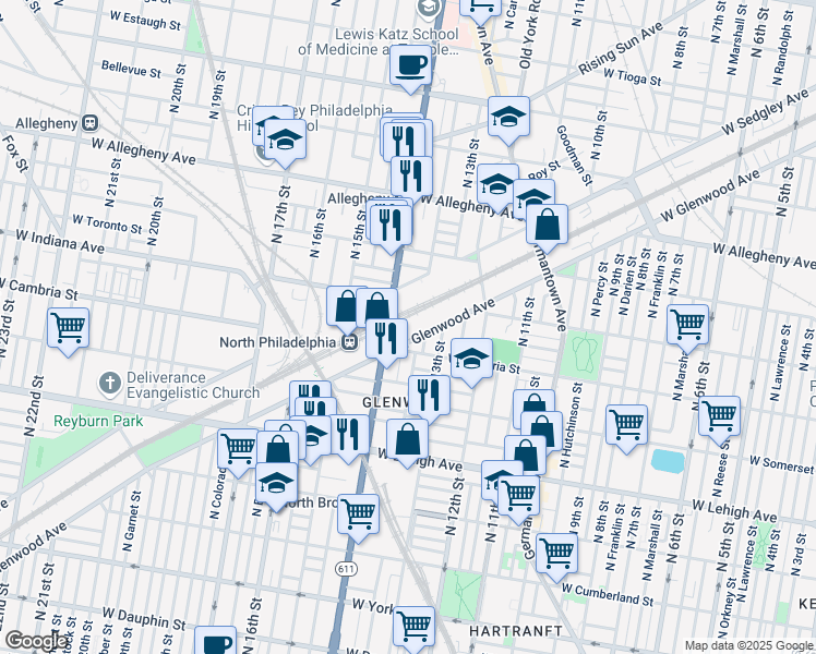 map of restaurants, bars, coffee shops, grocery stores, and more near 2921 North Broad Street in Philadelphia