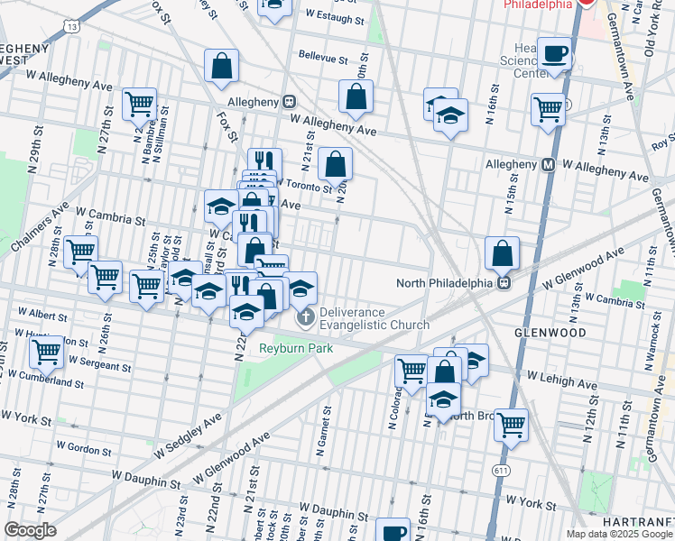 map of restaurants, bars, coffee shops, grocery stores, and more near 2842 North Opal Street in Philadelphia