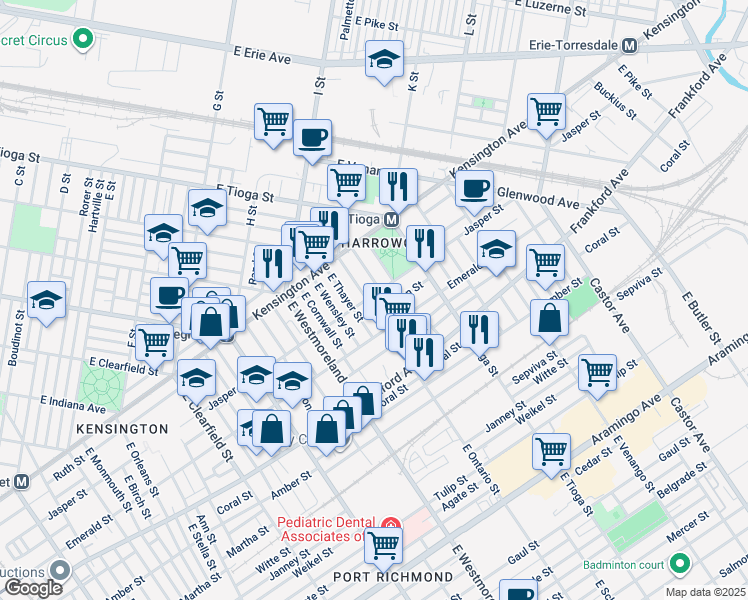 map of restaurants, bars, coffee shops, grocery stores, and more near 1903 East Ontario Street in Philadelphia