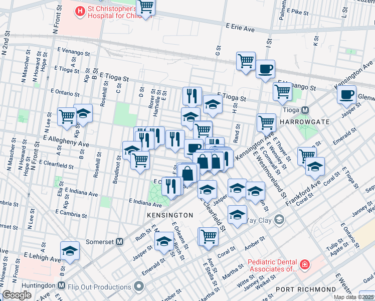 map of restaurants, bars, coffee shops, grocery stores, and more near 724 East Madison Street in Philadelphia