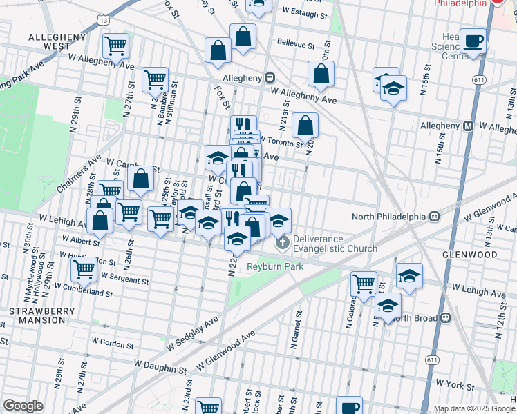 map of restaurants, bars, coffee shops, grocery stores, and more near 2827 North Van Pelt Street in Philadelphia