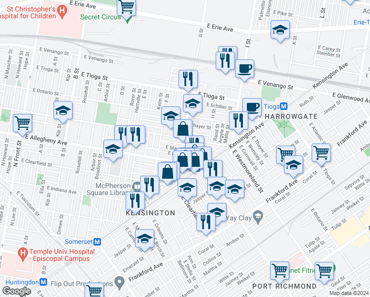 map of restaurants, bars, coffee shops, grocery stores, and more near 807 East Madison Street in Philadelphia