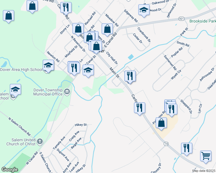 map of restaurants, bars, coffee shops, grocery stores, and more near 76 South Reservoir Drive in Dover
