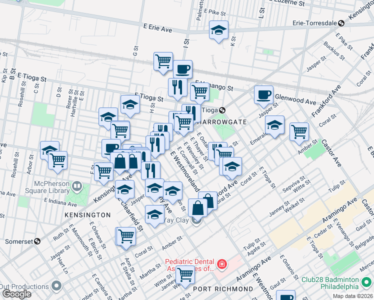 map of restaurants, bars, coffee shops, grocery stores, and more near 1839 East Cornwall Street in Philadelphia