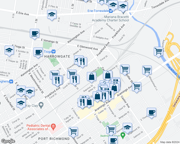 map of restaurants, bars, coffee shops, grocery stores, and more near 2083 East Victoria Street in Philadelphia