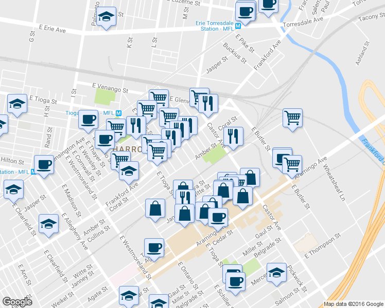 map of restaurants, bars, coffee shops, grocery stores, and more near 2076 East Victoria Street in Philadelphia