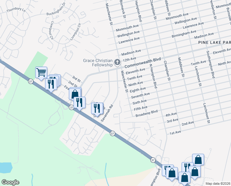 map of restaurants, bars, coffee shops, grocery stores, and more near 302 Savannah Road in Toms River