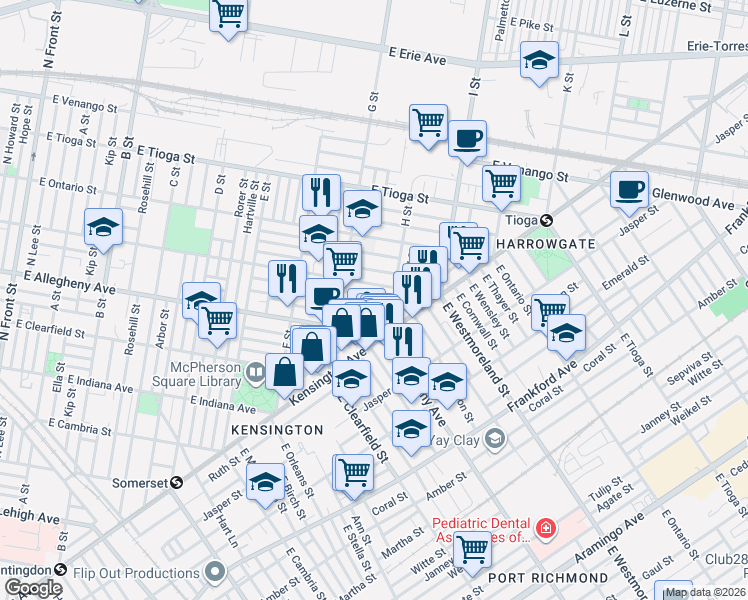 map of restaurants, bars, coffee shops, grocery stores, and more near 845 East Madison Street in Philadelphia