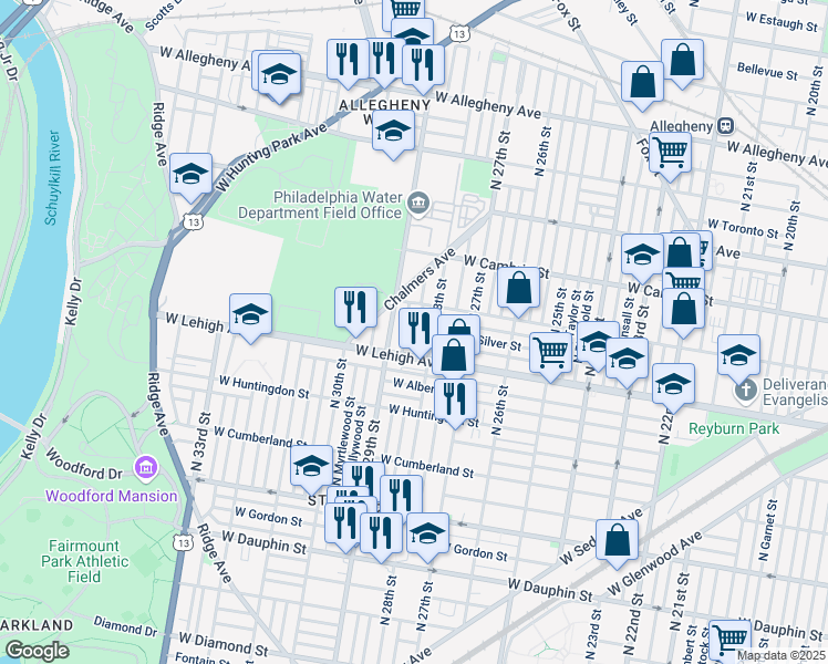 map of restaurants, bars, coffee shops, grocery stores, and more near 2730 North Newkirk Street in Philadelphia