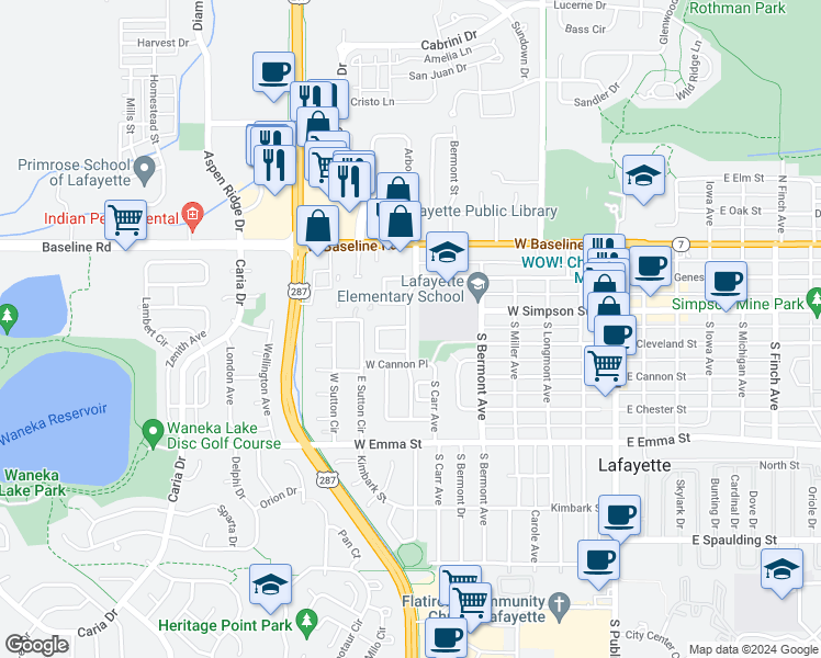 map of restaurants, bars, coffee shops, grocery stores, and more near 210 South Carr Avenue in Lafayette