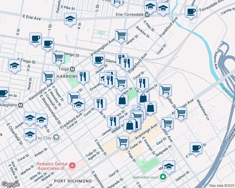 map of restaurants, bars, coffee shops, grocery stores, and more near 2076 East Victoria Street in Philadelphia