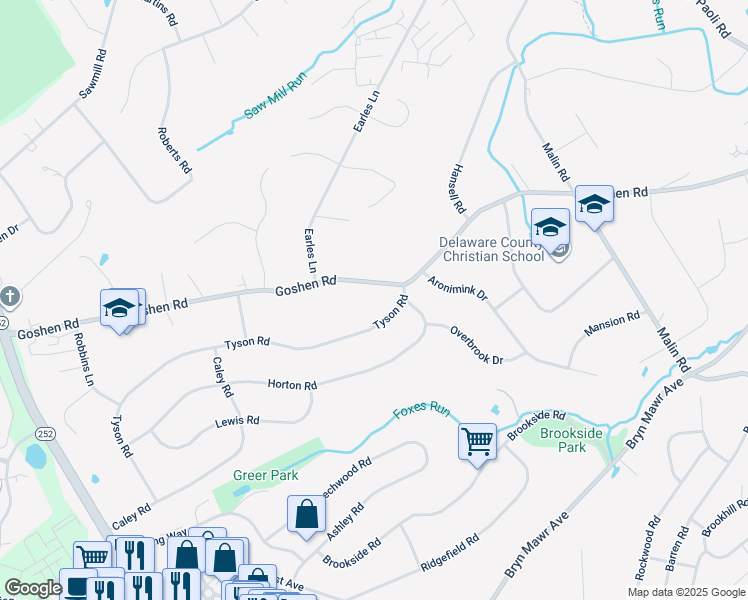 map of restaurants, bars, coffee shops, grocery stores, and more near 3400 Goshen Road in Newtown Square