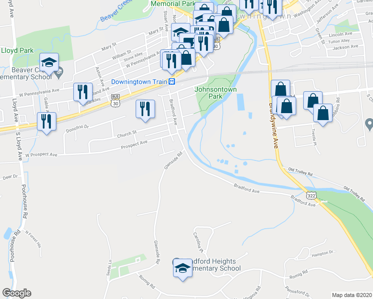 map of restaurants, bars, coffee shops, grocery stores, and more near 317 Bradford Avenue in Downingtown