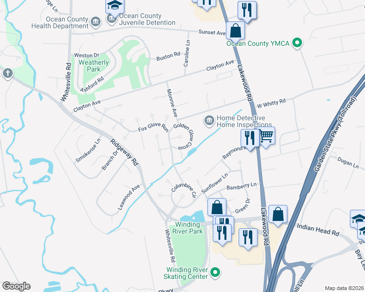 map of restaurants, bars, coffee shops, grocery stores, and more near 61 Golden Glow Circus in Toms River