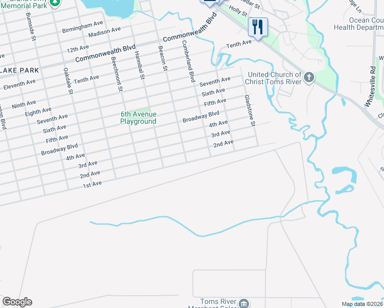 map of restaurants, bars, coffee shops, grocery stores, and more near 1908 2nd Avenue in Toms River