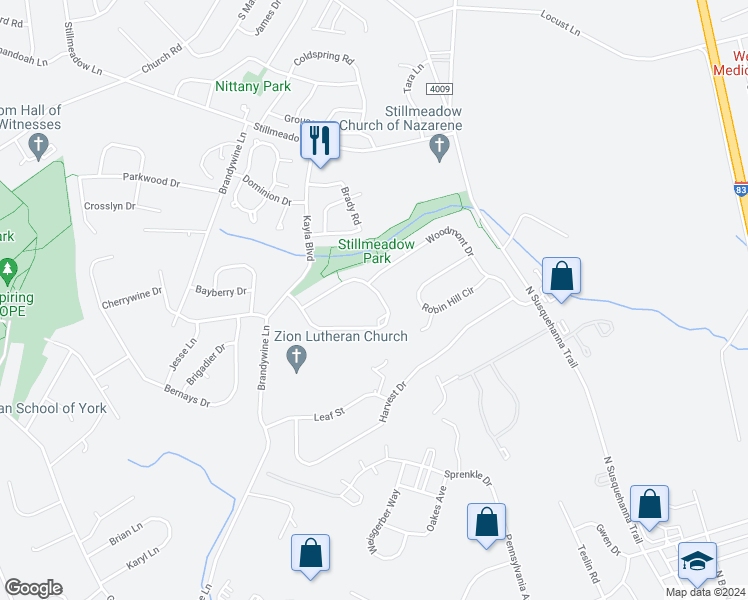 map of restaurants, bars, coffee shops, grocery stores, and more near 1015 Hearthridge Lane in York