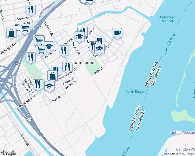 map of restaurants, bars, coffee shops, grocery stores, and more near 4601 Bath Street in Philadelphia