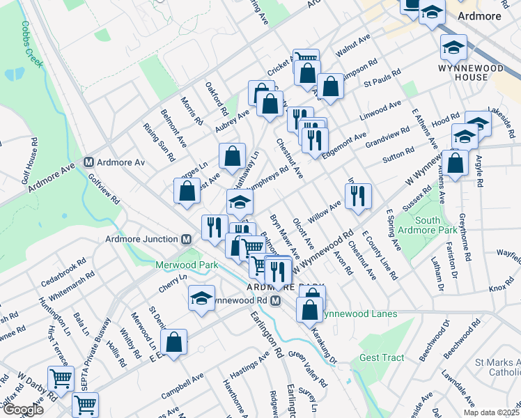 map of restaurants, bars, coffee shops, grocery stores, and more near 660 Loraine Street in Ardmore
